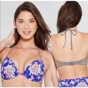 Shade & Shore Floral Padded Bikini Top 36B Blue Strappy Back